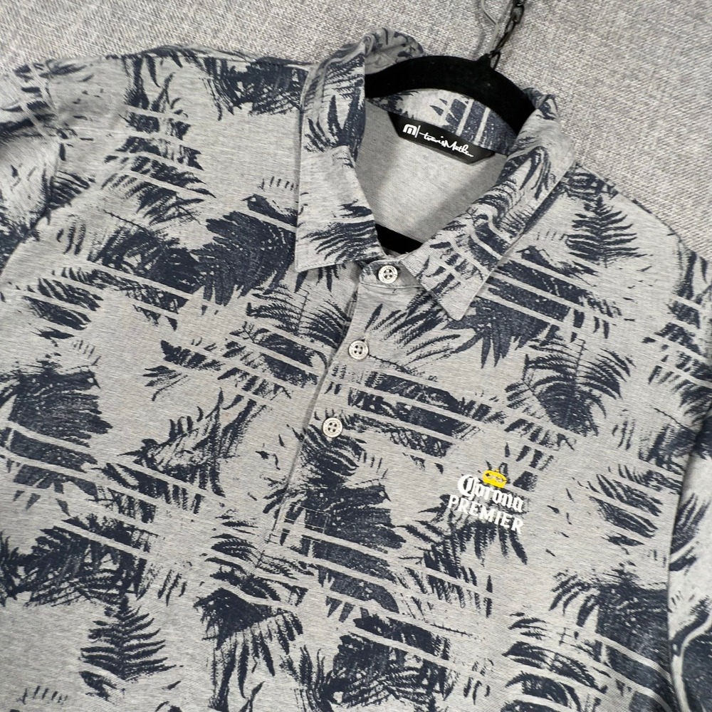 TravisMathew Golf Polo Shirt Men XL All Over Palm Print Corona Premier Beer Logo